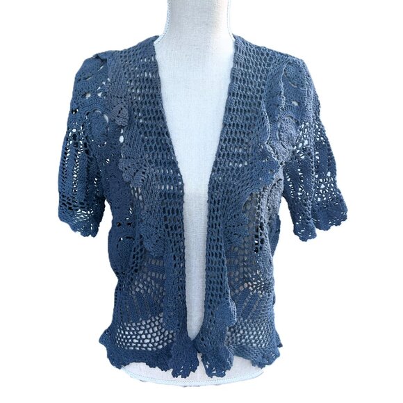 🆕💙OOAK Hand-crochet & Hand-dyed 100% Cotton Short-Sleeve Jacket in Denim Blue - Picture 2 of 6